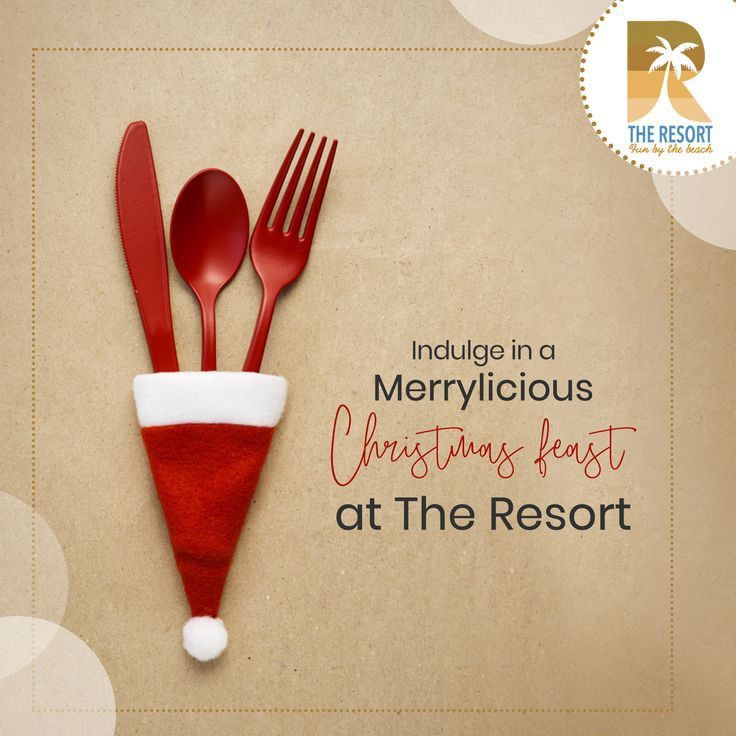 there is a red santa hat with silverware in it and the words indulge in a merrylicious christmas feast at the resort