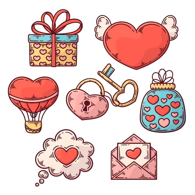 valentine's day doodles with hearts, gifts and other items on white background