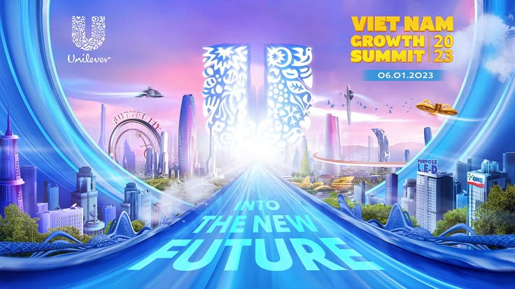 an advertisement for the new future in vietnam with futuristic cityscape and bright blue sky