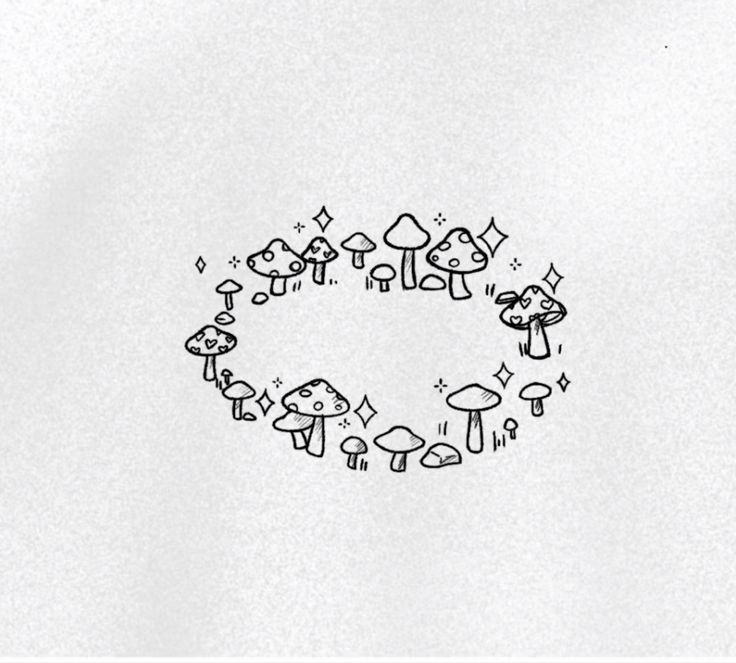 a black and white drawing of mushrooms in a circle