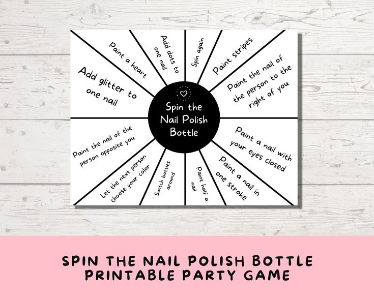 spin the nail polish bottle printable party game on a white wooden table with pink flowers