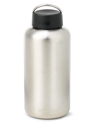 a stainless steel water bottle with a black lid