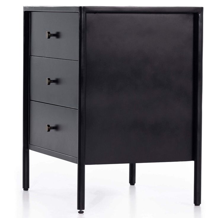 a black cabinet with three drawers on one side and an open drawer on the other