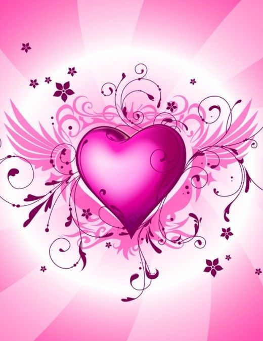 a pink heart with wings and flowers on it, in front of a white background