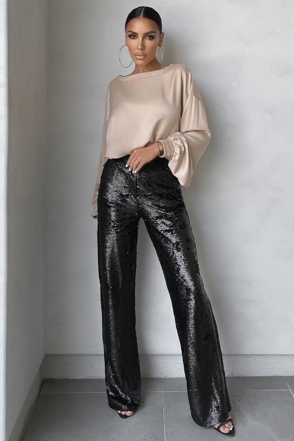 Sequin Pants Outfit Holiday, Chic Sequined Trousers, Black Sequin Pants Outfit, Glitter Pants Outfit, Party Wide-leg Sequin Pants, Fitted High-waisted Sequin Pants, Chic High-waisted Sequin Pants, Chic Full-length Sequined Pants, Sparkle Pants