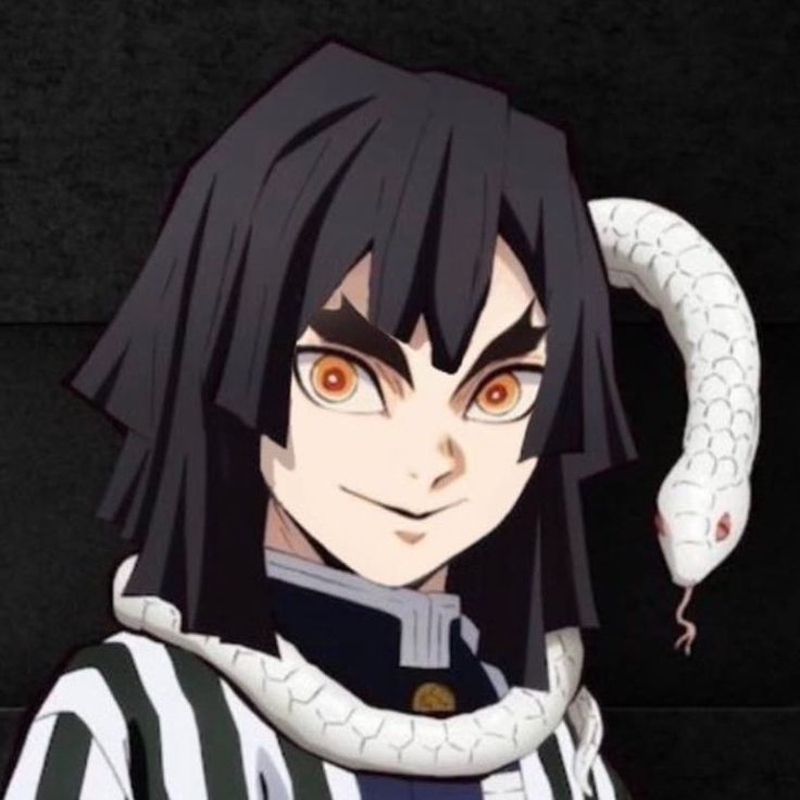 an anime character with long black hair and orange eyes holding a snake on his shoulder