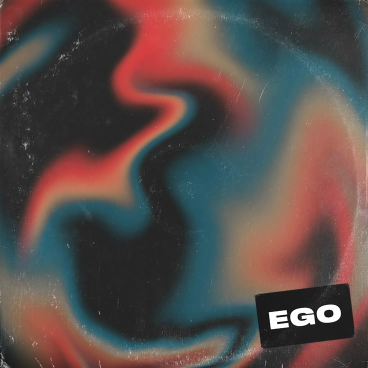 an abstract painting with the word eqo in black and red, blue and orange