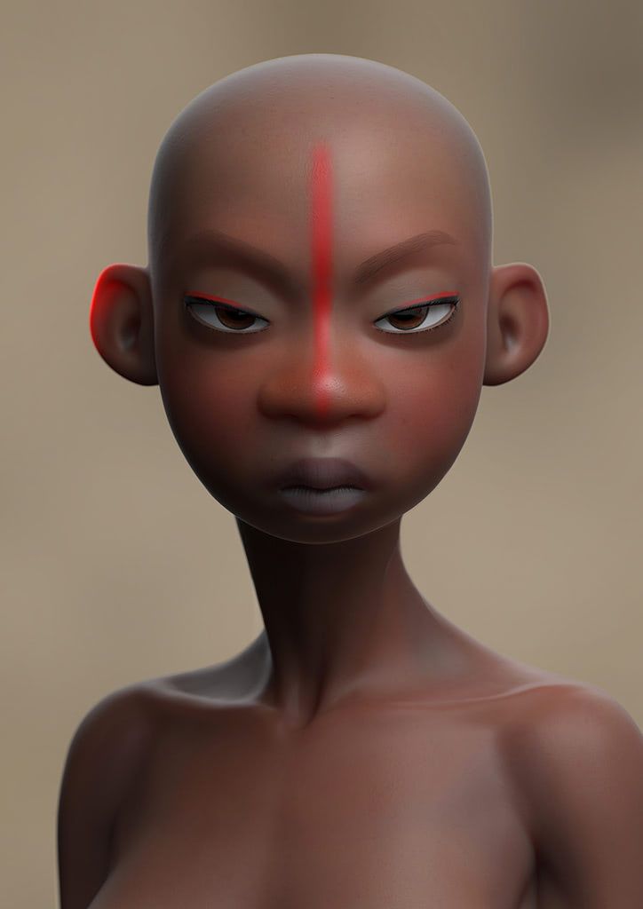 an animation character with red lines on his face and chest, staring at the camera