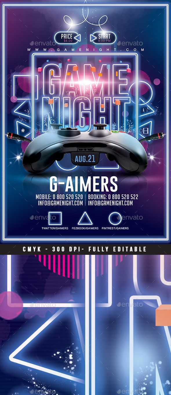 an advertisement for a gaming event with futuristic shapes and neon lights in the back ground