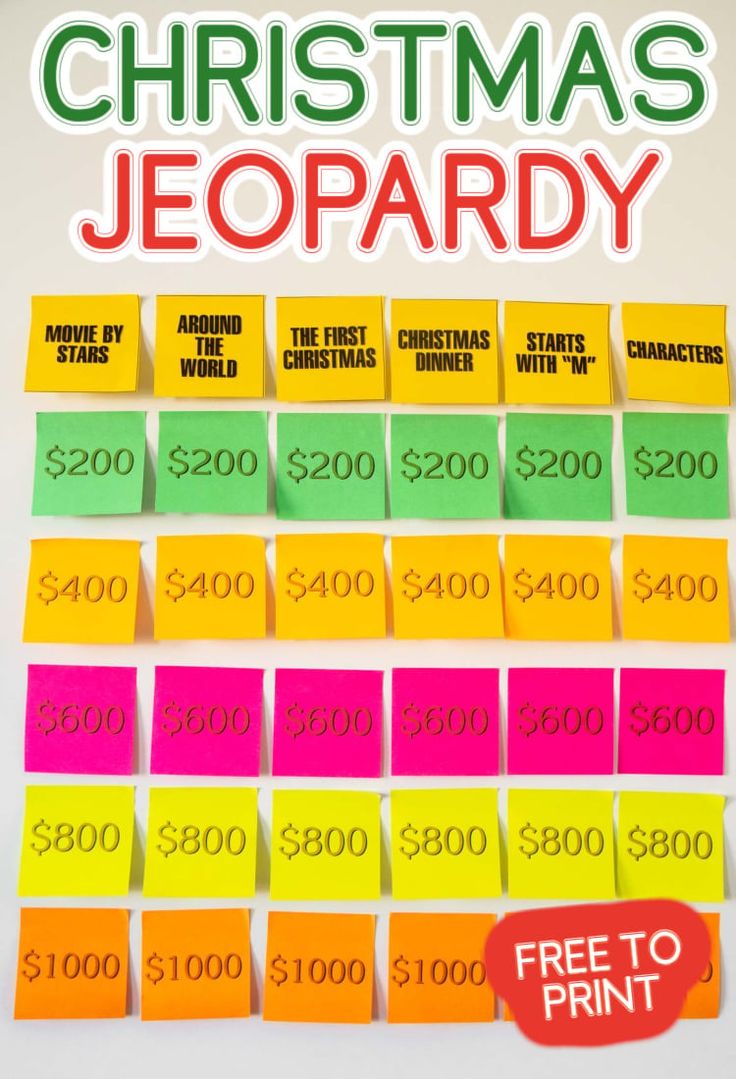 christmas jeopardy with the words free to print in red, yellow and green