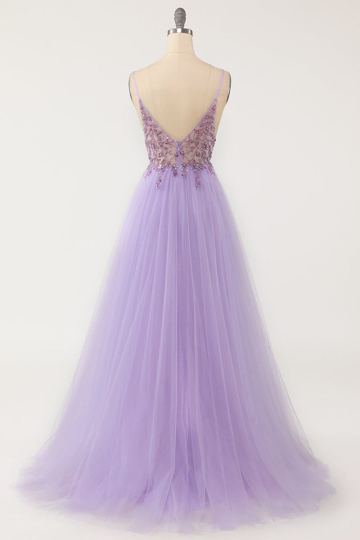 Purple Formal Dress, Sweep Train Prom Dress, Split Prom Dresses, Prom Dresses With Pockets, Beaded Tulle, Prom Dresses Sleeveless, Lace Prom Dress, Beaded Bodice, Sophisticated Dress