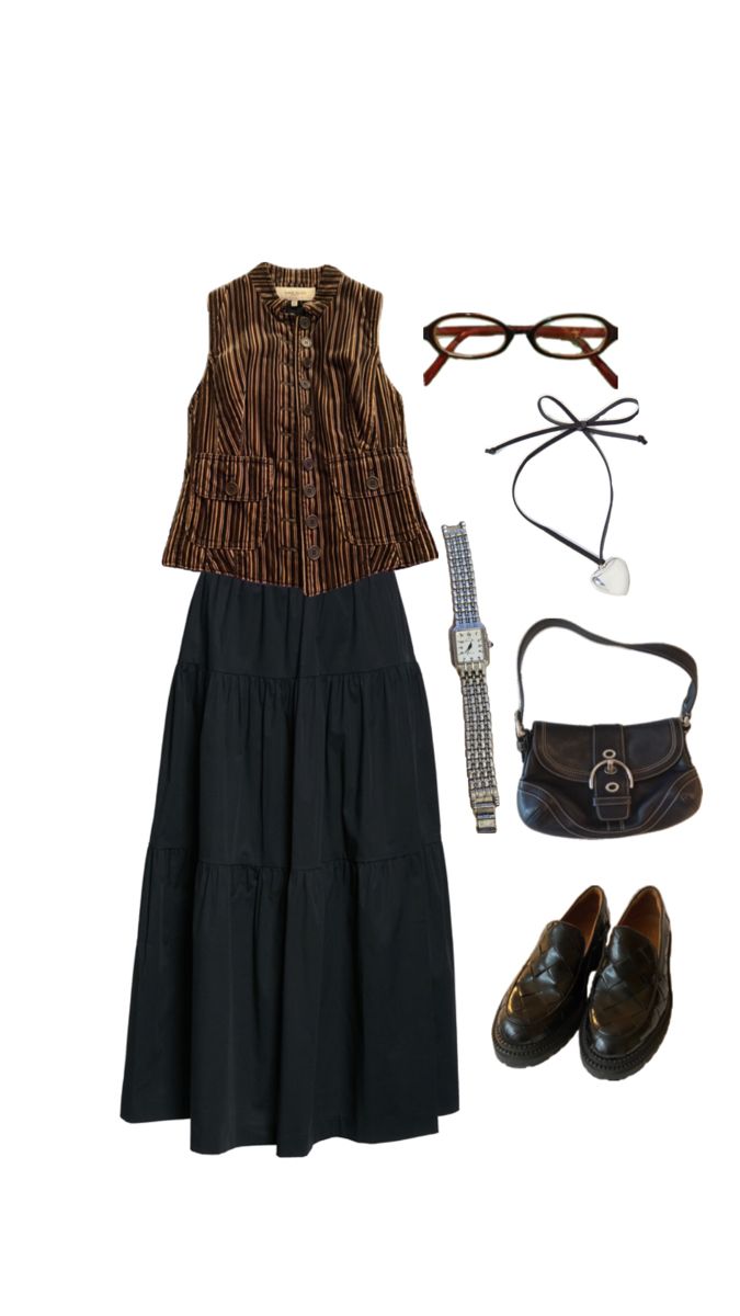 a woman's outfit and accessories including shoes, handbag