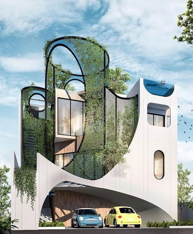 an artisticly designed building with trees growing on it's side and cars parked in front