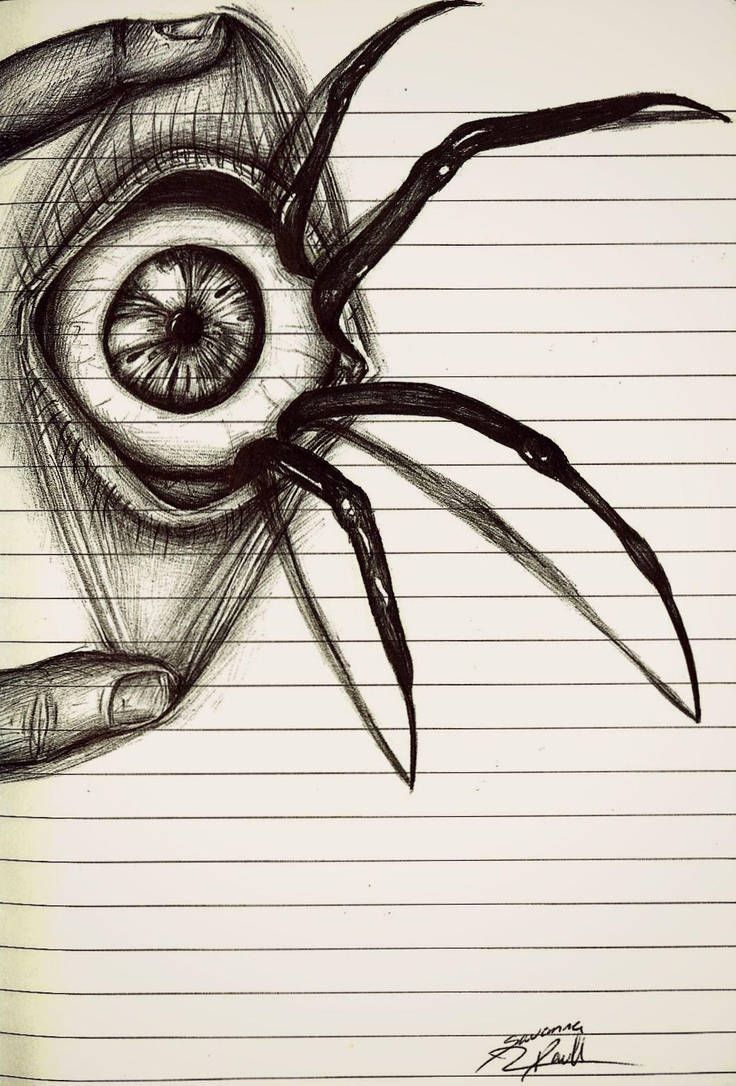 a drawing of a hand holding an eye with a spider crawling out of it's center