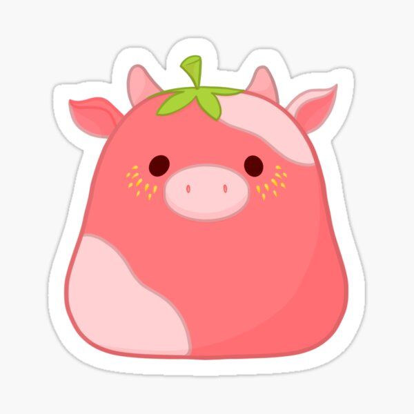 a pink cow sticker with a green bow on it's head and eyes