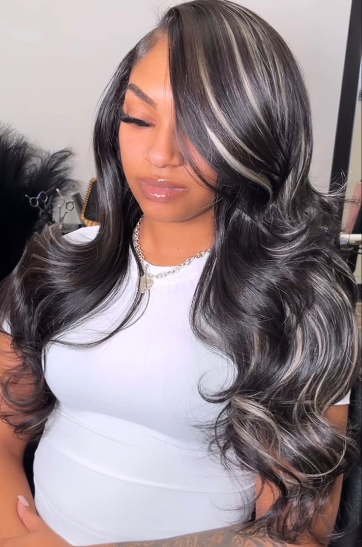 Quick Weave With Grey Highlights, Black N Blonde Highlights, Side Part With Blonde Streaks Weave, Black And White Sew In Weave, Black Wig With Grey Highlights, Accent Foils Highlights, Sew In Peek A Boo, Black And White Quick Weave, Sew In Hairstyles With Color Highlights