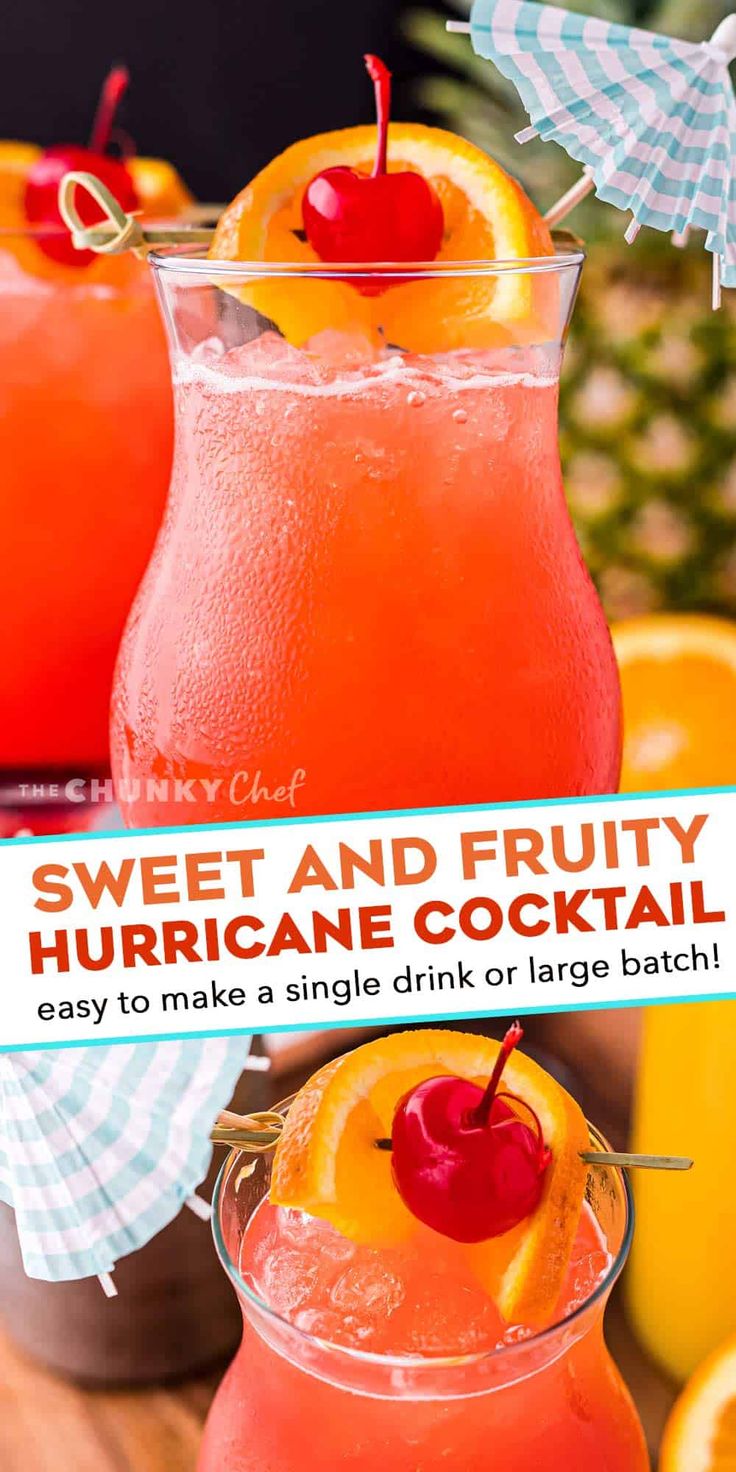 With just one sip, this Hurricane Cocktail will make you feel like you’re on an island vacation! Easy to make just a single drink, or scale it up for a party! #rum #cocktail #drink Cocktails Easy, Rum Drinks Recipes, Fruity Alcohol Drinks, The Chunky Chef, Strong Cocktails, Chunky Chef, Alcholic Drinks, Summer Drinks Alcohol, Cocktail Drinks Alcoholic