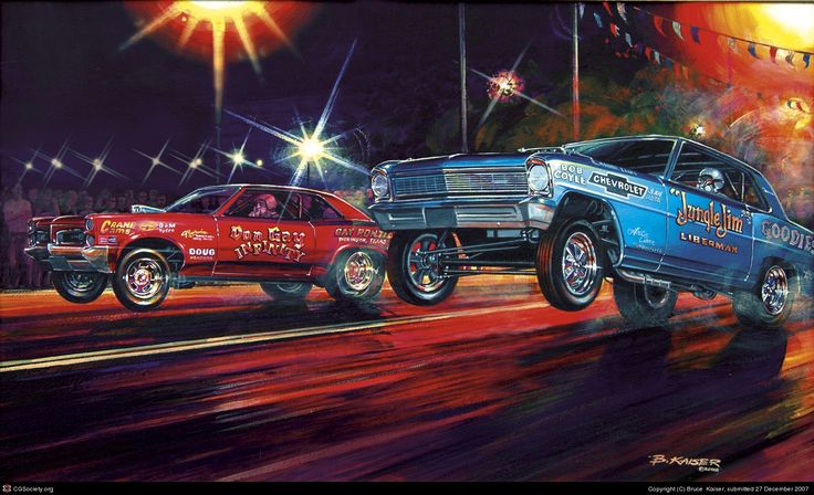 an image of two cars that are racing in the street at night time with people watching