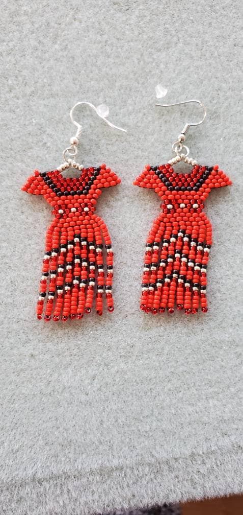 red and black beaded earrings with fringes