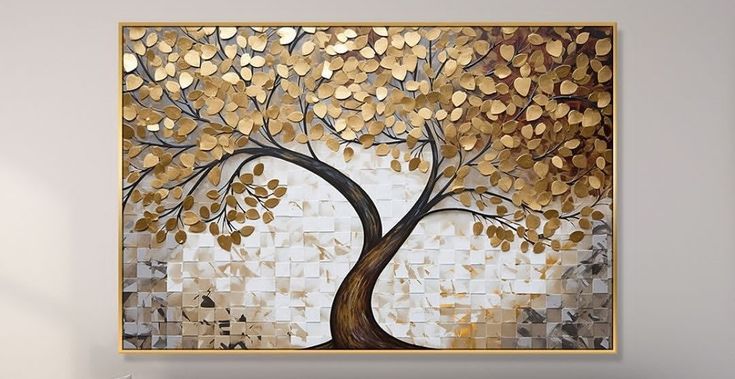 a painting on the wall with a tree painted on it in gold and silver colors