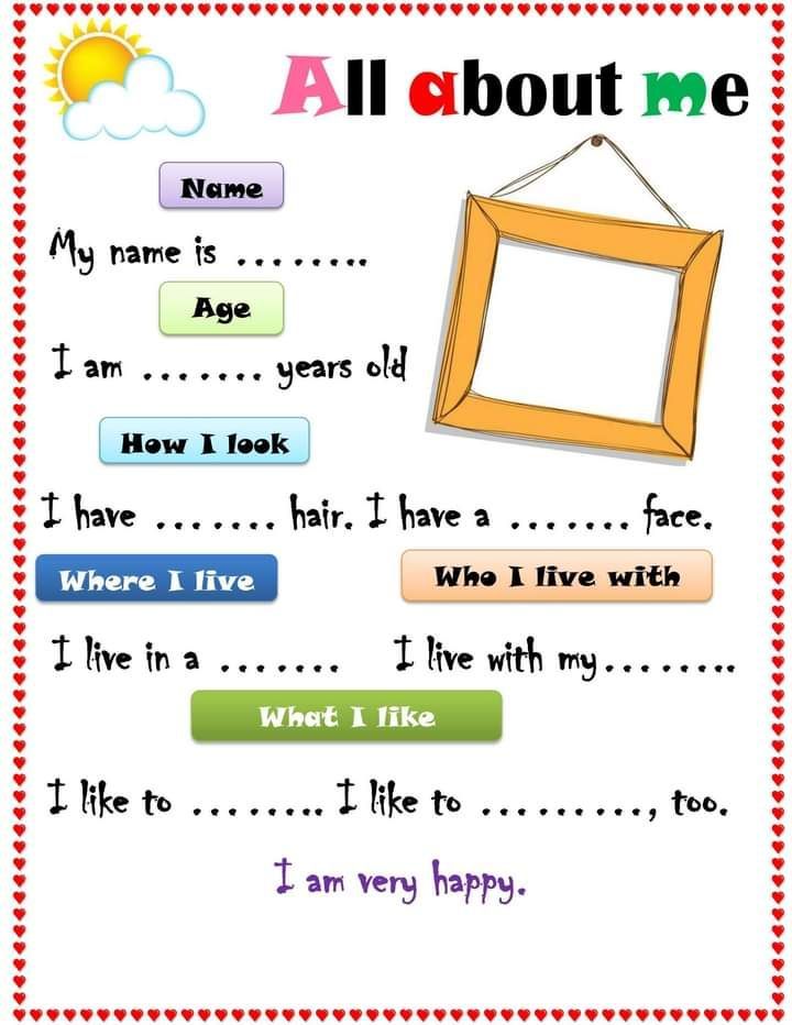 an all about me poster with words and pictures