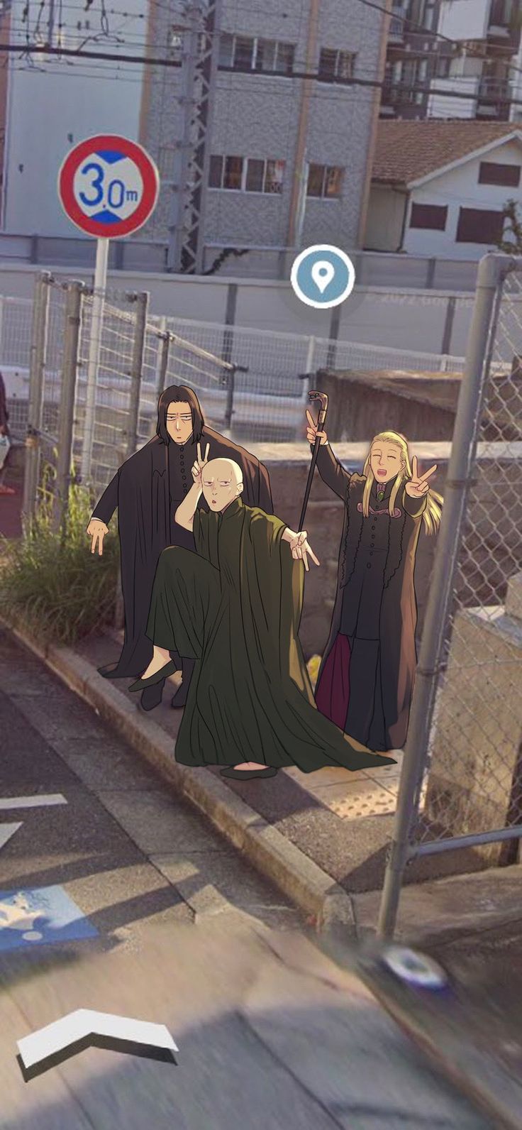 three women in black robes are standing on the sidewalk near a fence and street signs