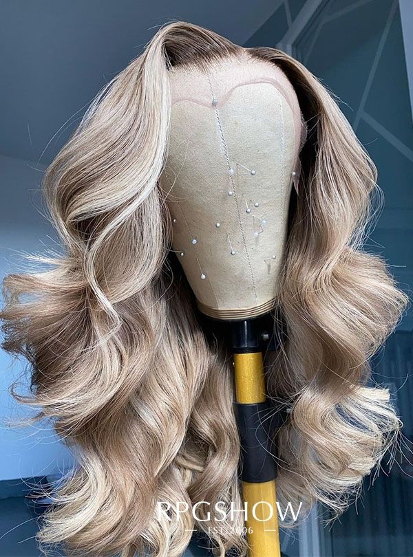 Long Side Part Wavy Platinum Blonde Balayage with Dark Roots Lace Front Wigs - Zelda003 Blonde Balayage With Dark Roots, Balayage With Dark Roots, Dark Roots Hair, Platinum Blonde Balayage, Medium Length Blonde Hair, Blonde With Dark Roots, Blonde Roots, Balayage Color, Remy Hair Wigs