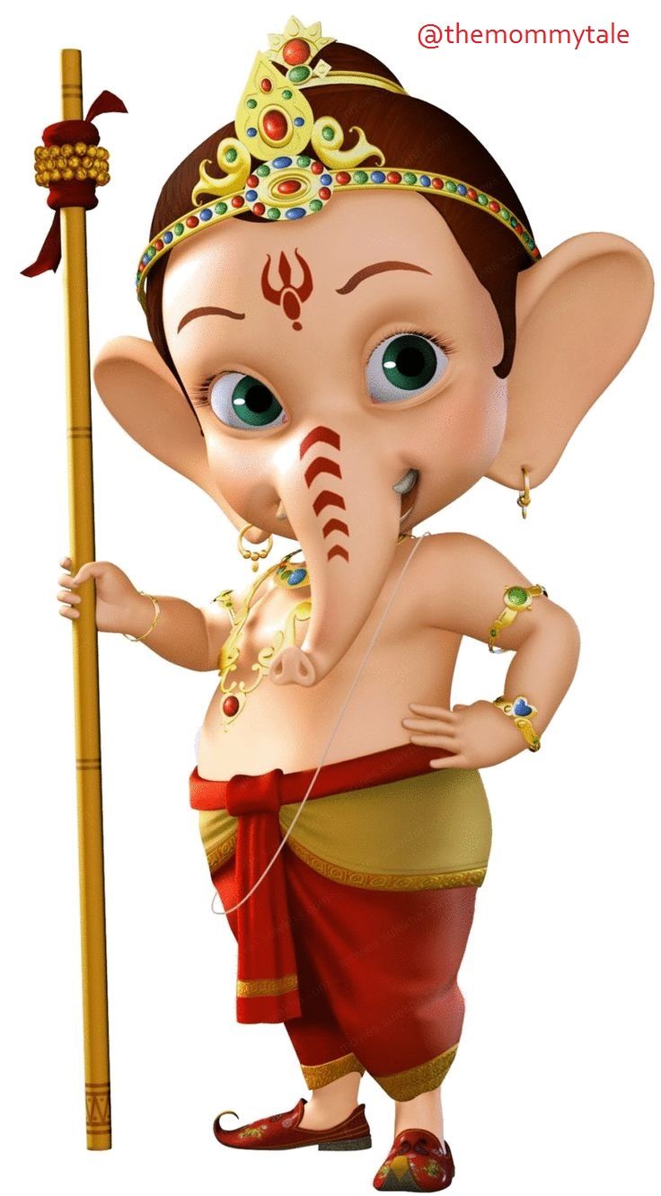 an animated image of the god ganesha holding a stick and wearing a gold headdress