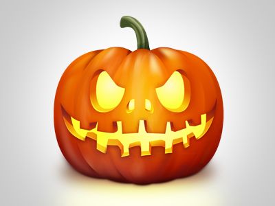 a jack o lantern pumpkin with glowing eyes and fangs on it's face,