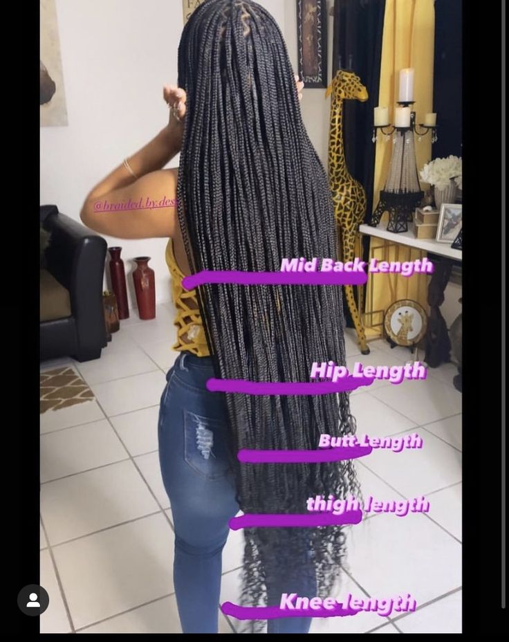 Hair Lengths Braids, Different Box Braid Lengths, Knotless Box Braids Price List, Hairstyles With One Bundle Of Braiding Hair, Hair Length Chart Braids, Different Type Of Braids For Black Women, Braiding Length Chart, Braiding Hair Length Chart, Knotless Box Braids Length Chart