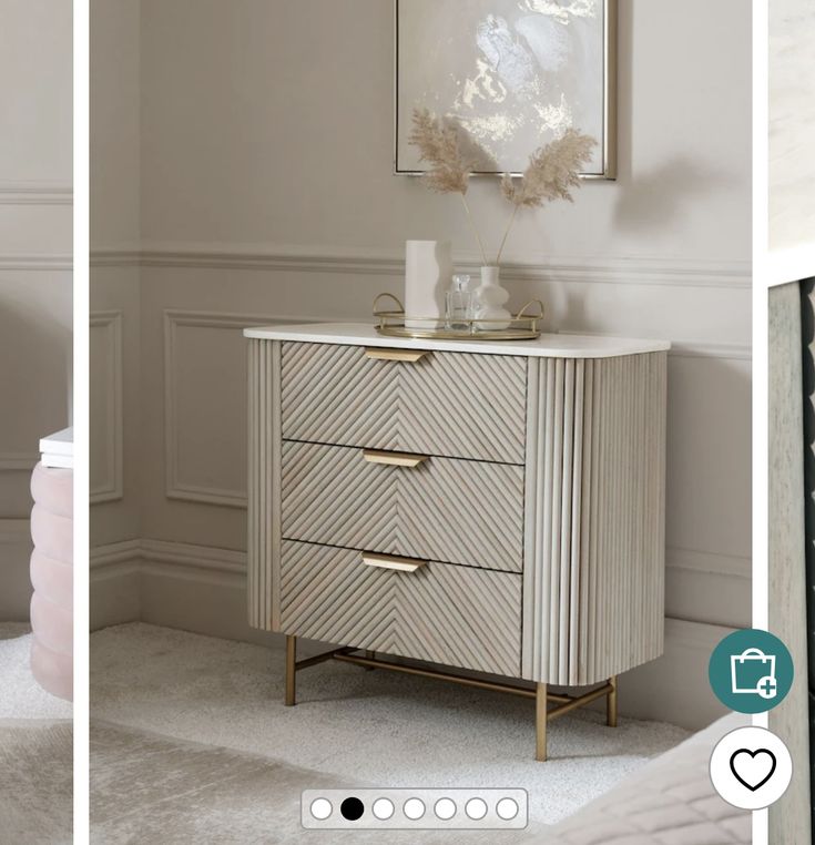 two photos side by side one has a dresser and the other has a mirror on it