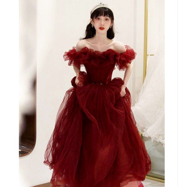 #dress Wine Red Wedding Dress, Off Shoulder Prom Dress, Princess Prom Dress, Wine Red Wedding, Wedding Dress Princess, Evening Dress Patterns, Red Wedding Dress, Vintage Long Dress, Princess Prom Dresses