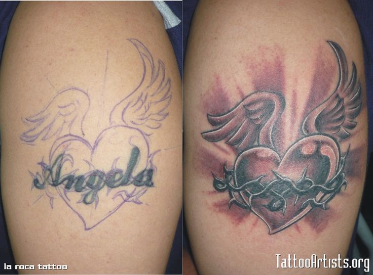 two different tattoos on the arms of people, one with wings and the other with hearts