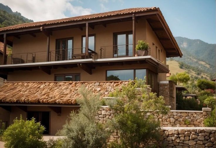 a house with a thatched roof in the mountains