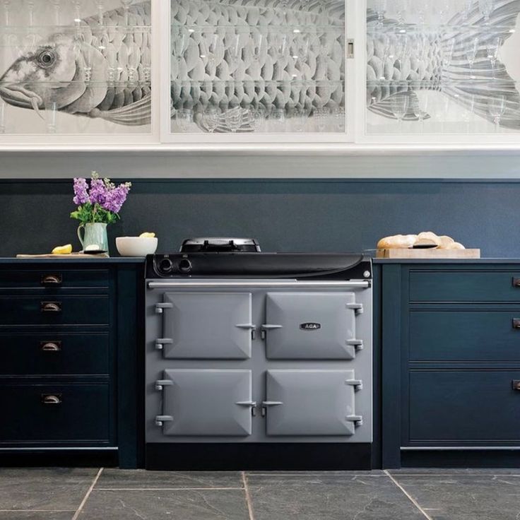 an oven in the middle of a kitchen with two fish pictures on the wall behind it