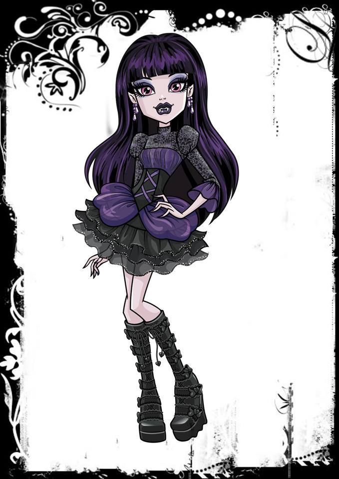 a drawing of a girl with long purple hair and black boots, holding a purse