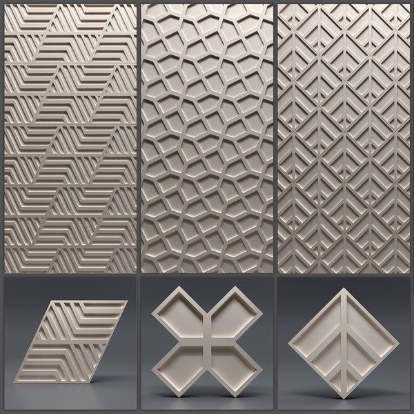 four different types of decorative wall panels in various shapes and sizes, all with geometric designs