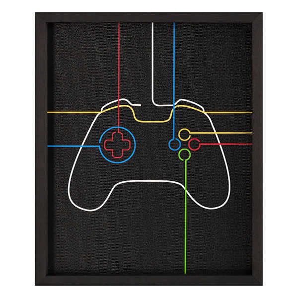 a video game controller with colored lines on the side, framed in a black frame