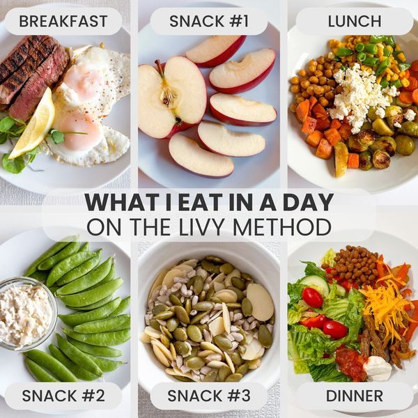 six different types of food on plates with the words what i eat in a day on them