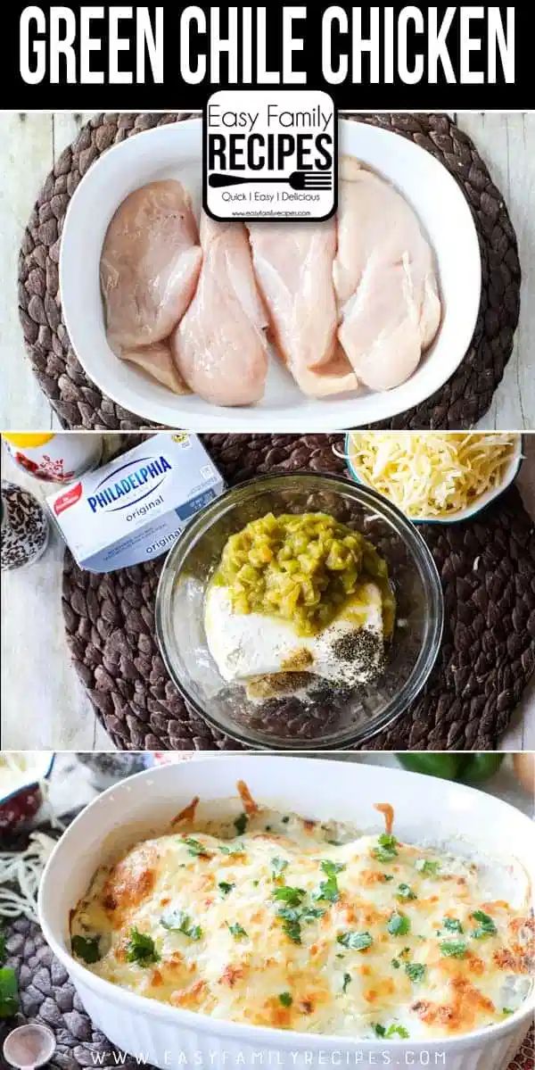 four different pictures of chicken and rice in white dishes with text overlay that reads green chile chicken