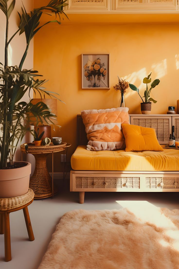 Bright and inviting boho living room featuring wicker furniture, orange couch cushion, accent pillows, green plants, and a fluffy orange rug, bathed in natural daylight. Apricot Room Decor, Honey Wall Color, Japandi Yellow, Orange Aesthetic Room, Sunshine Bedroom, Bohemian Living Room Decor, Orange Rooms, Storage Solutions Bedroom, Living Room Orange