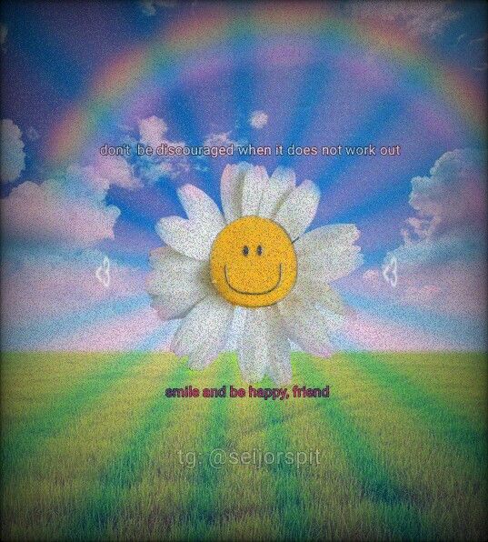 a flower with a smiley face on it in the middle of a field under a rainbow