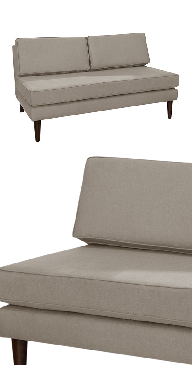 two different views of the same couch and bed, one in light gray fabric with dark wood legs