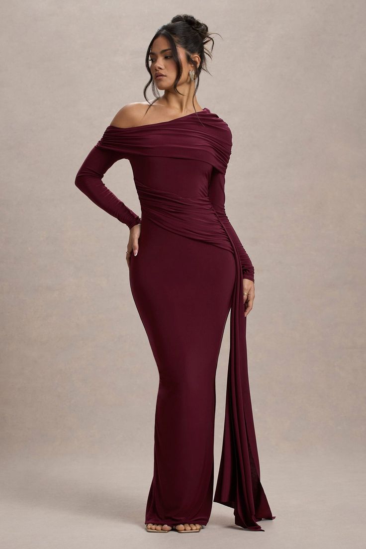 Valina Burgundy Ruched Asymmetric Maxi Dress With Drape – Club L London - USA Burgundy Bridesmaid Dresses Long Sleeve, Burgundy Formal Dresses, Black Dress Prom, Black Tie Gala, Split Maxi Dress, Party Dress Long Sleeve, Christmas Party Dress, Black Sequin Dress, Black Velvet Dress