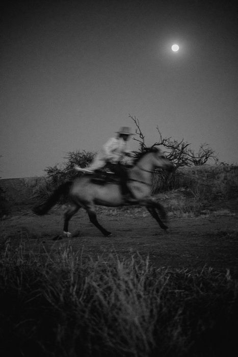 black and white photograph of man on horse in field at night with full moon behind