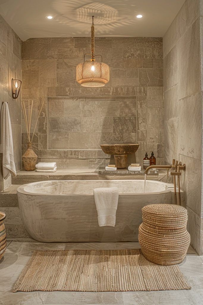 a bath room with a large tub next to a sink and a rug on the floor