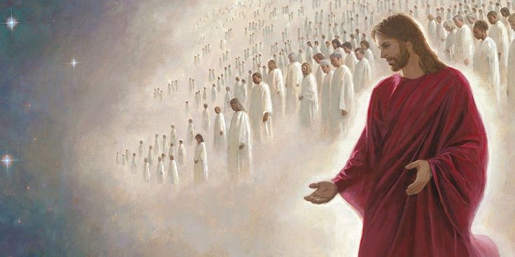 a painting of jesus walking in front of a group of people with his hands out