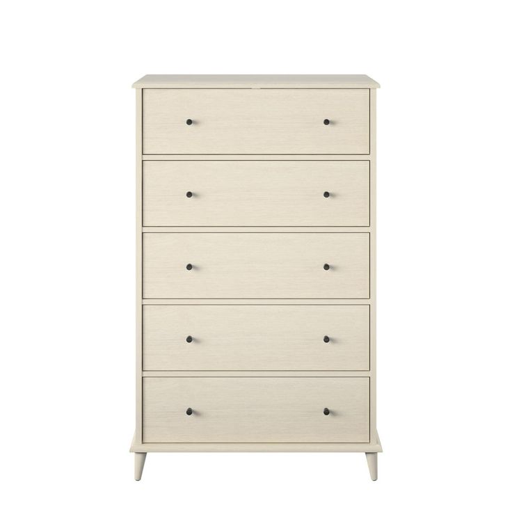 a white chest of drawers with four drawers and one drawer on the bottom, against a white background