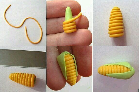 four pictures showing how to make corn on the cob nail art using fondant