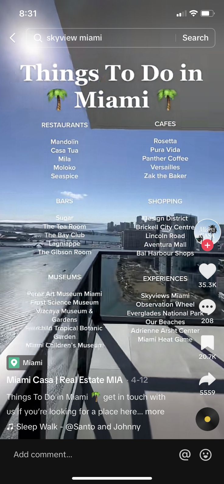 the menu for an app that shows things to do in miami